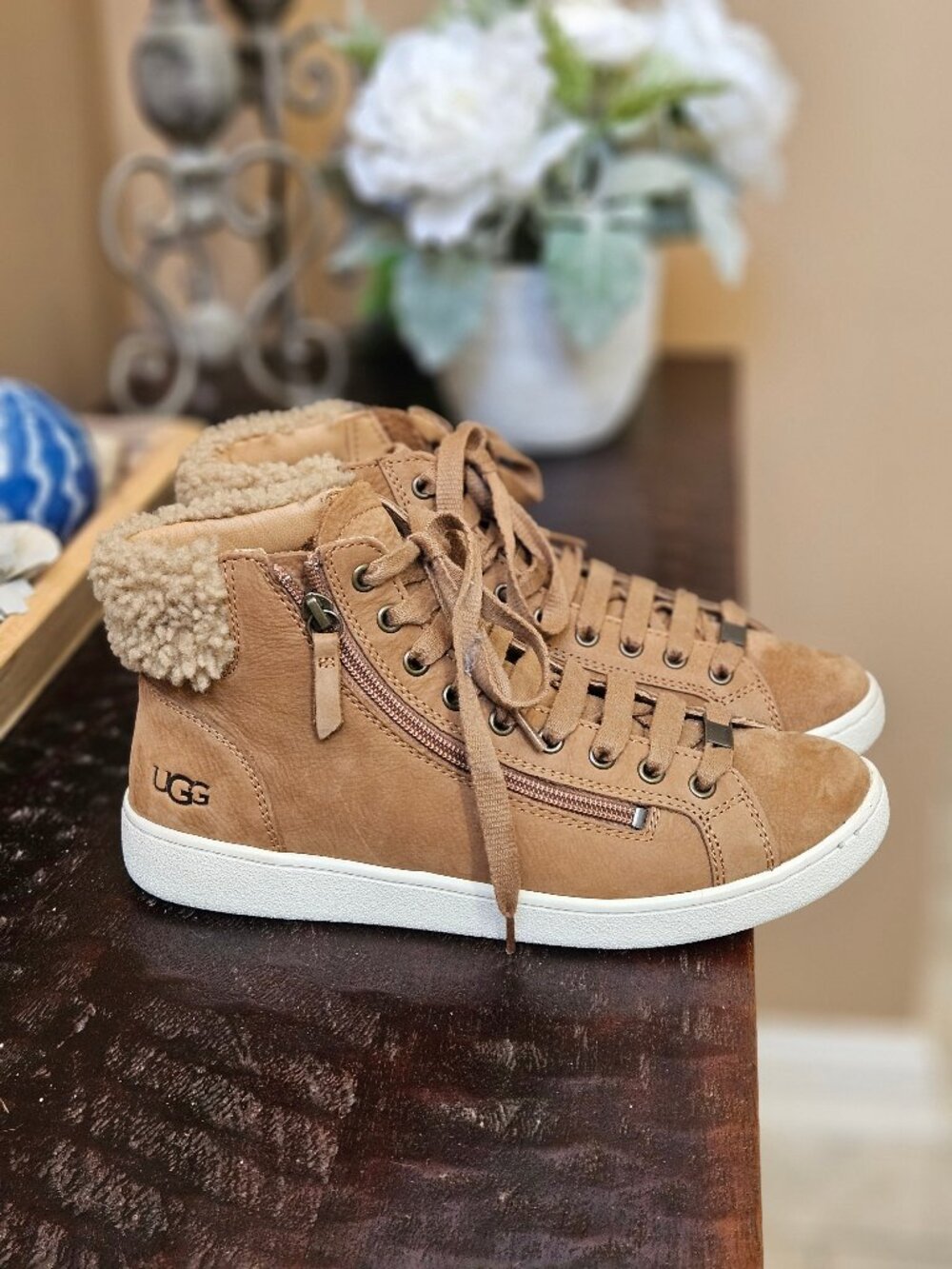 UGG Women's Olive Shearling-Lined Nubuck Leather Sneaker Boot, Tan, Sz 10